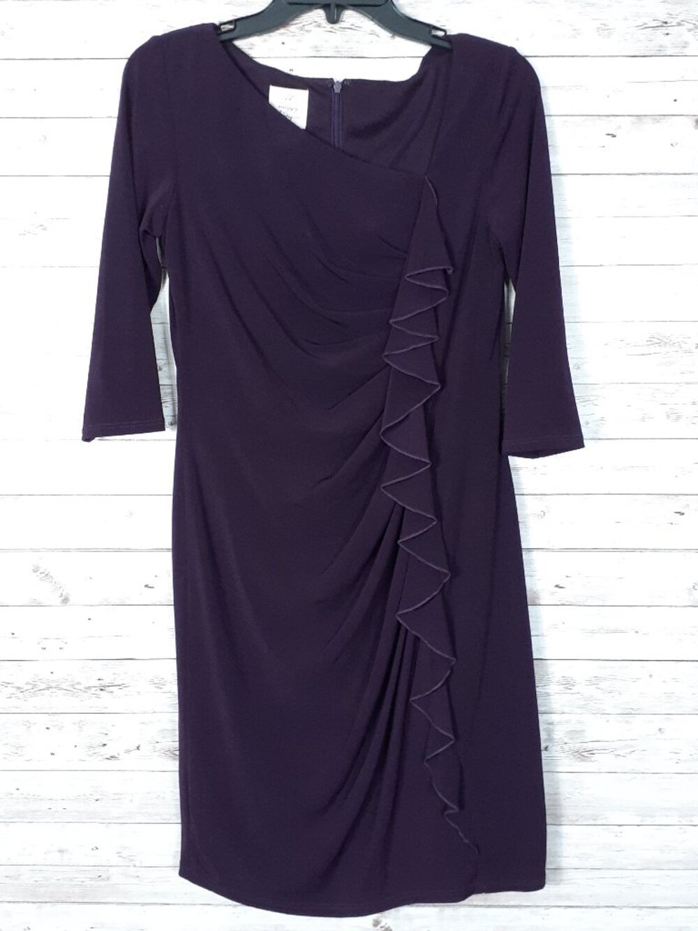 Suzi Chin for Maggy Boutique Faux Wrap Dress Size 6P Plum 3/4 Sleeve 17B